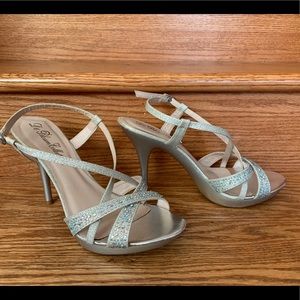 Silver strappy heeled sandals with gems